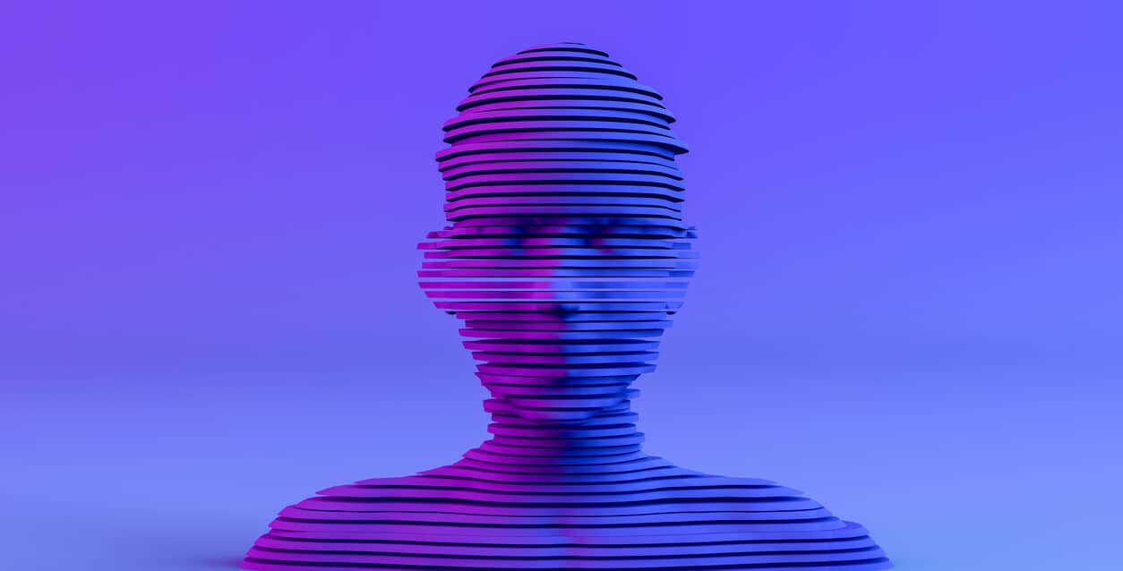 3D Layered Shape Cyborg Head on Neon Colored Background