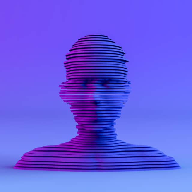 3D Layered Shape Cyborg Head on Neon Colored Background
