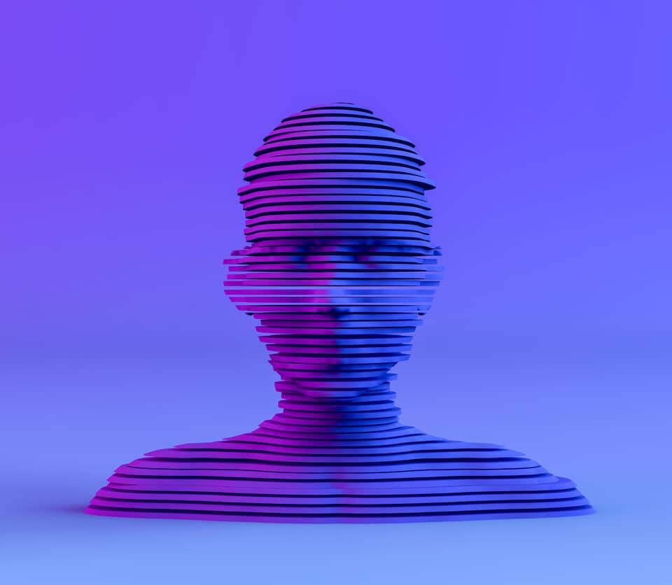 3D Layered Shape Cyborg Head on Neon Colored Background